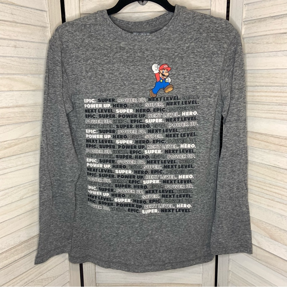 Super Mario Boys Mini Mario Wording Graphic Gray Long Sleeve T Shirt XL